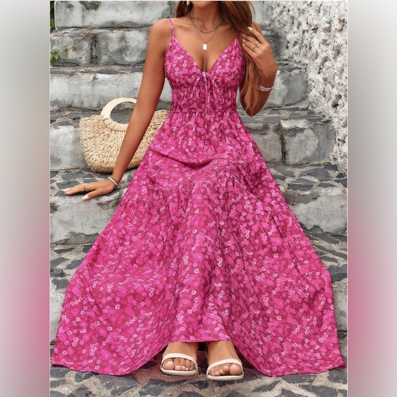 Boho Floral V-Neck Dress With Ruffle Wide Hem Pink - Picture 4 of 9